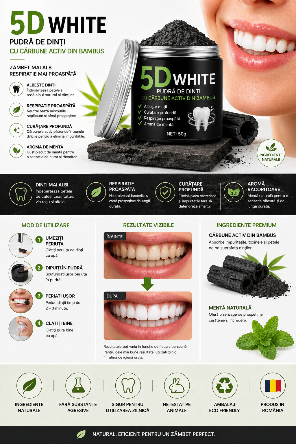 5D WHITE™ – Pudră pentru Albirea Dinților cu Cărbune Activ din Bambus