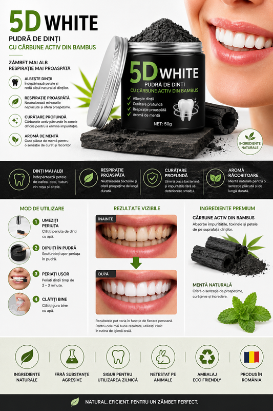 5D WHITE™ – Pudră pentru Albirea Dinților cu Cărbune Activ din Bambus